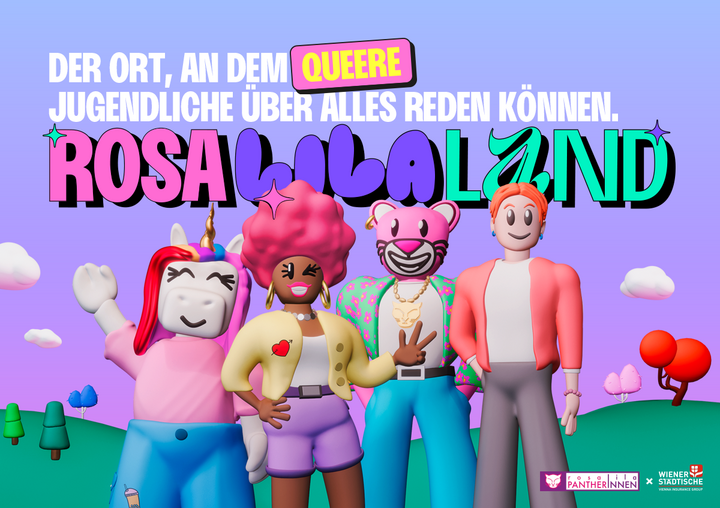 Buntes Plakat von dem Spiel Roblox. Wirbt für das Spiel RosaLilaLand.