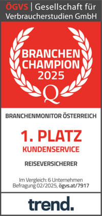 Siegel für den 1. Platz beim ÖGVS Branchenaward im Bereich Kundenservice Reiseversicherung.