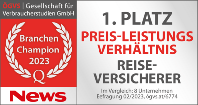 ÖGVS Gütesiegel für Wiener Städtische. Erster Platz bei Preis-Leistungs-Verhältnis Reiseversicherer 2023.